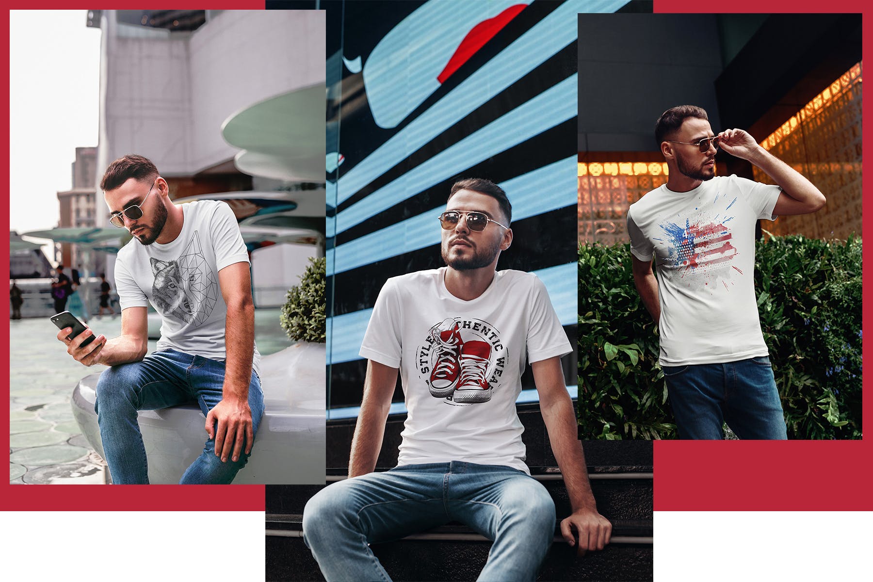 T恤情侣套装印花设计效果图样机 T-Shirt Mock-Up Couple In City插图(7)