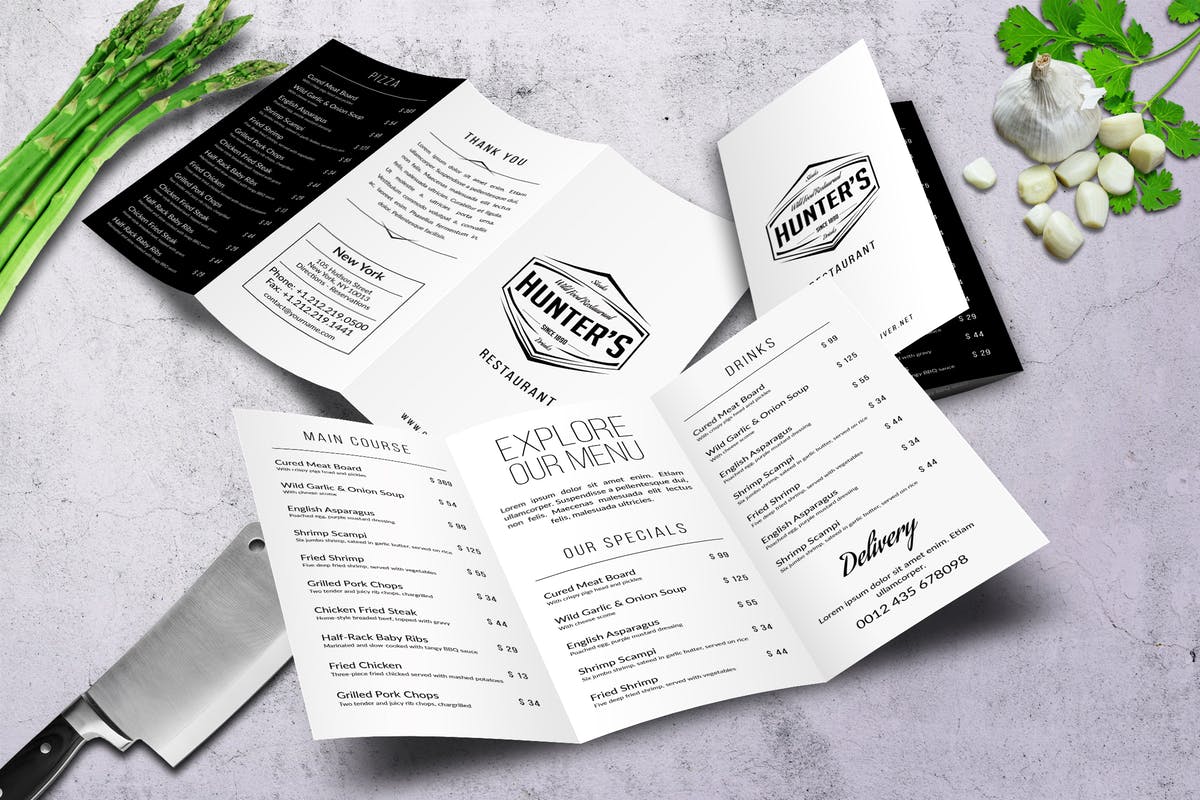 极简主义A4规格三折页菜单设计模板 Minimal A4 Trifold Food Menu Design插图
