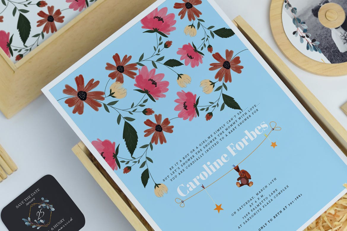 新生婴儿宝宝满月酒邀请函邀请卡设计模板 Baby Shower Invitation Card插图(1)