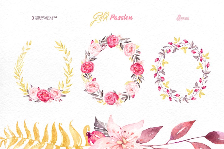 激情黄金花卉水彩插画集 Gold Passion. Floral collection插图(3)