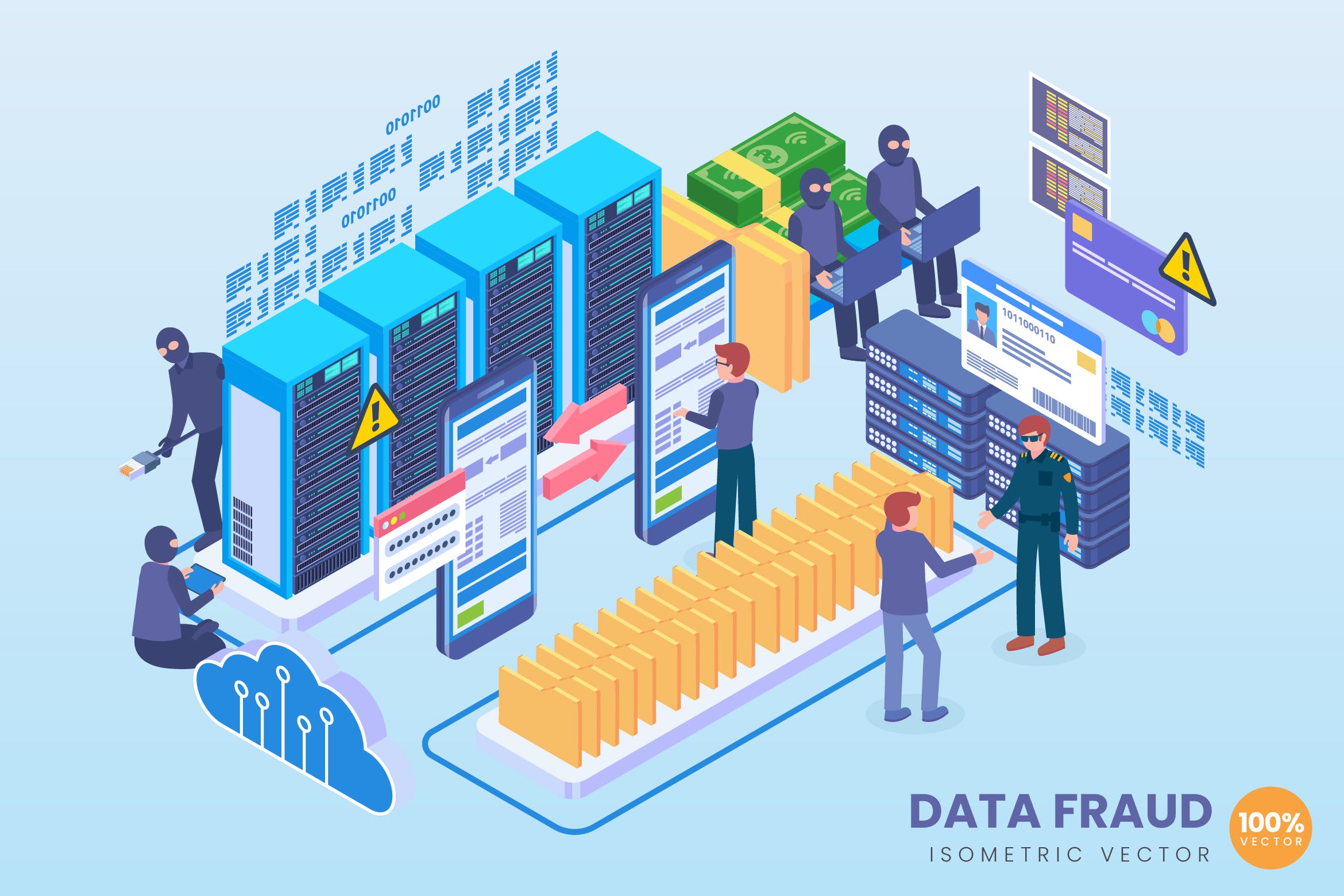 数据欺诈技术等距矢量素材库精选科技概念插画 Isometric Data Fraud Technology Vector Concept插图