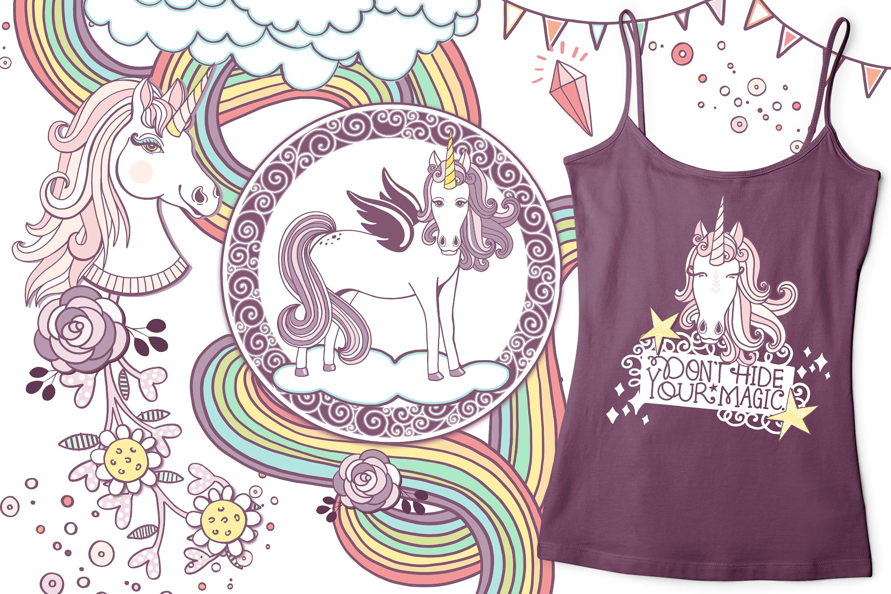 彩虹与独角兽梦幻世界插画元素 Rainbows & Unicorns插图(1)