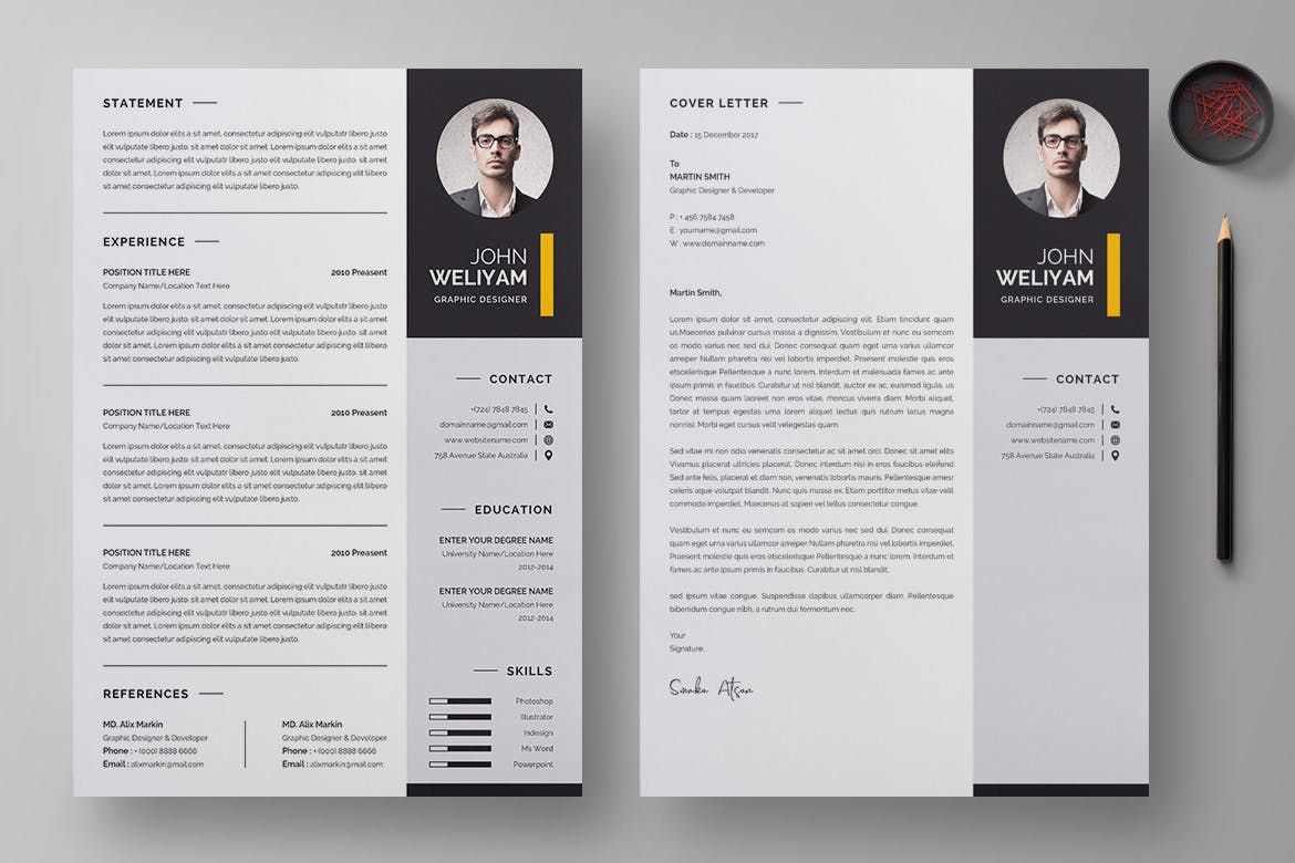 两列式现代设计风格设计师简历模板 Modern Resume / CV Template插图(1)