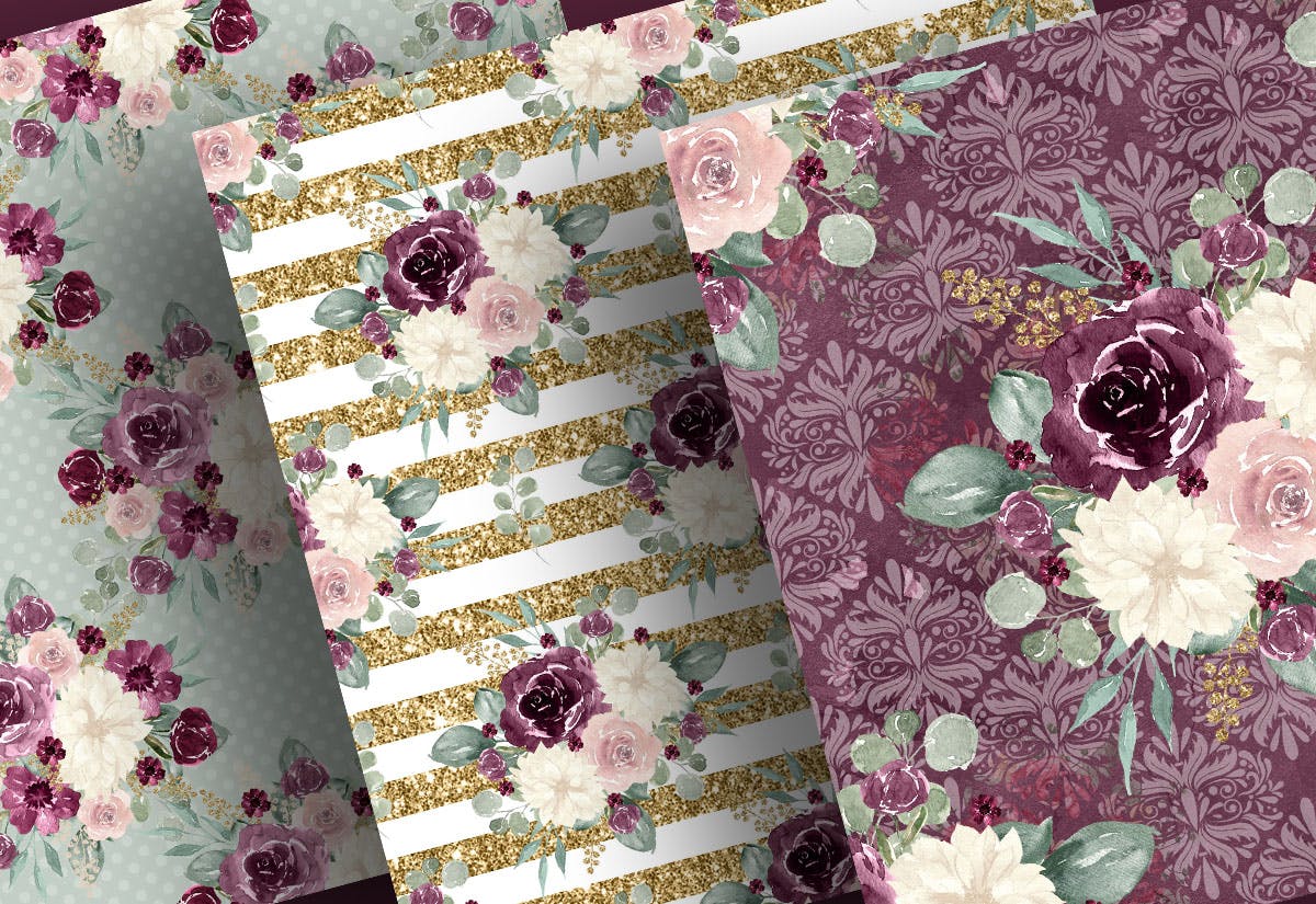 紫红色&金色水彩手绘花卉图案数码纸张设计素材 Watercolor Plum and Gold digital paper pack插图(4)