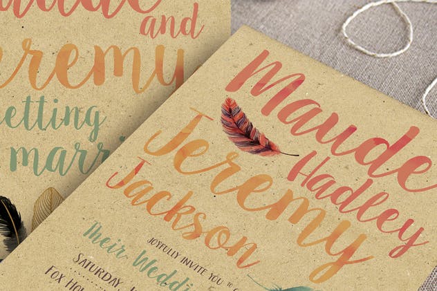 水彩羽毛婚礼邀请函设计PSD模板 Watercolor Feather Wedding Invitation插图(1)