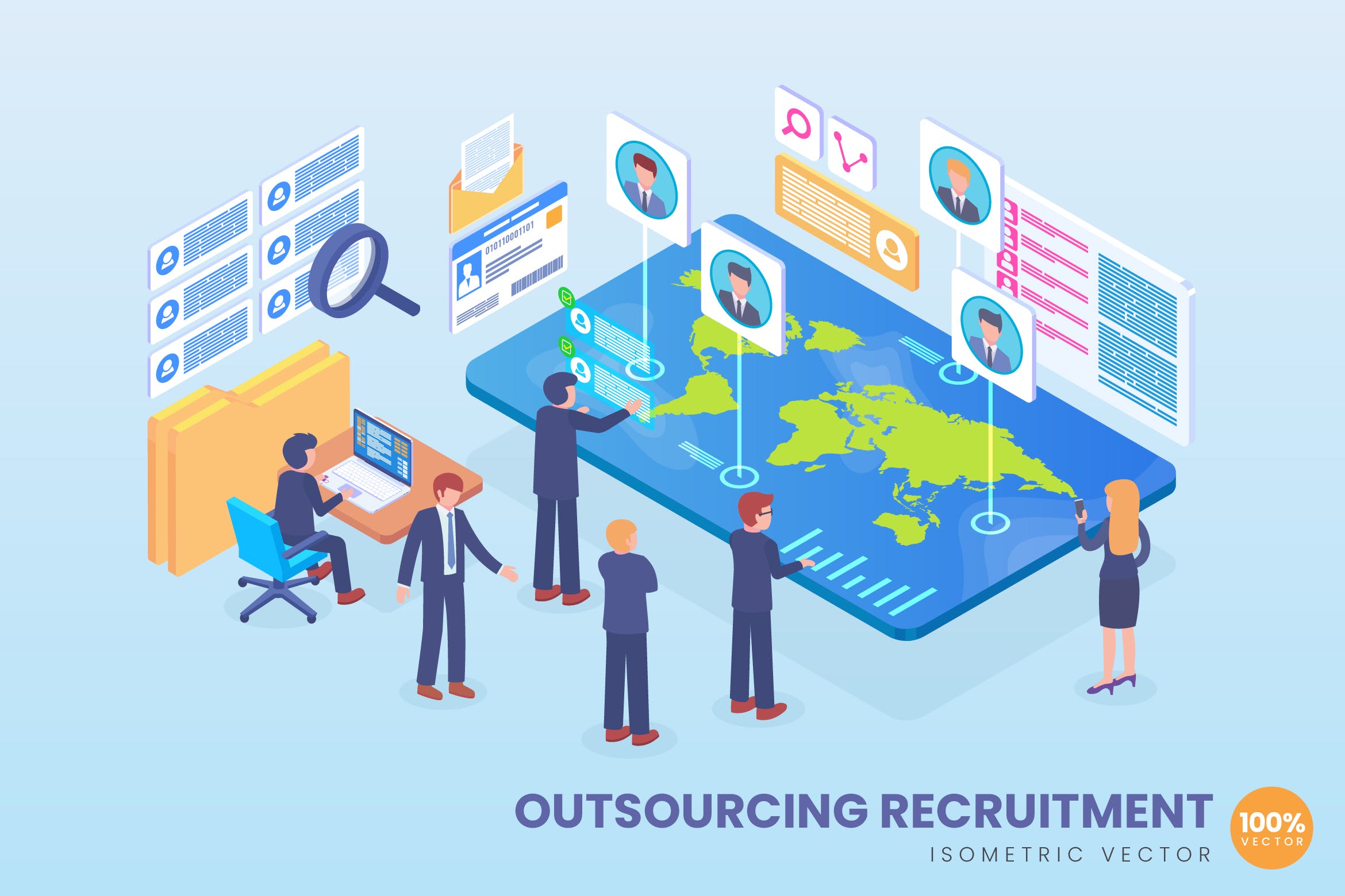 外包招聘劳务派遣主题等距矢量素材库精选概念插画 Isometric Outsourcing Recruitment Vector Concept插图