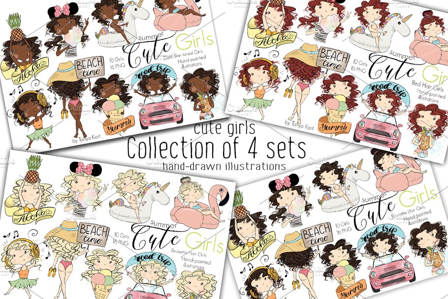 4组夏日少女剪贴画 Collection of 4 Sets Girls Summer插图