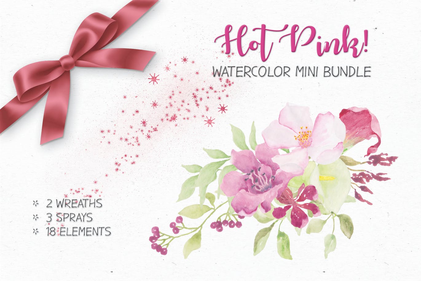 粉色手绘水彩花卉剪贴画素材库精选PNG素材 Watercolor Mini Bundle in Hot Pink插图