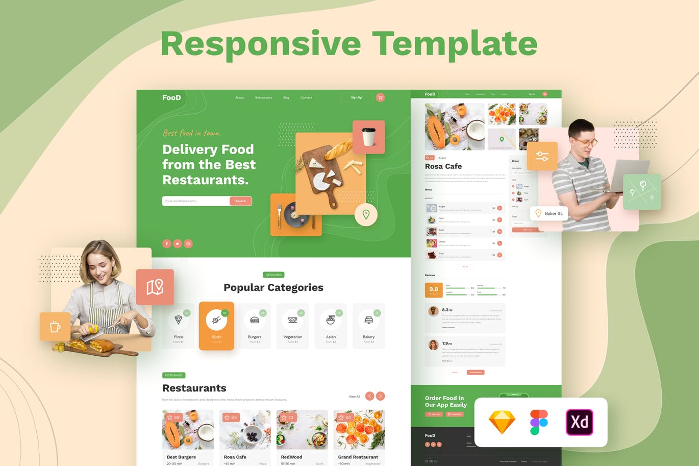 在线订餐/餐厅响应式网站设计素材库精选模板 Food Delivery Restaurant Responsive Template插图