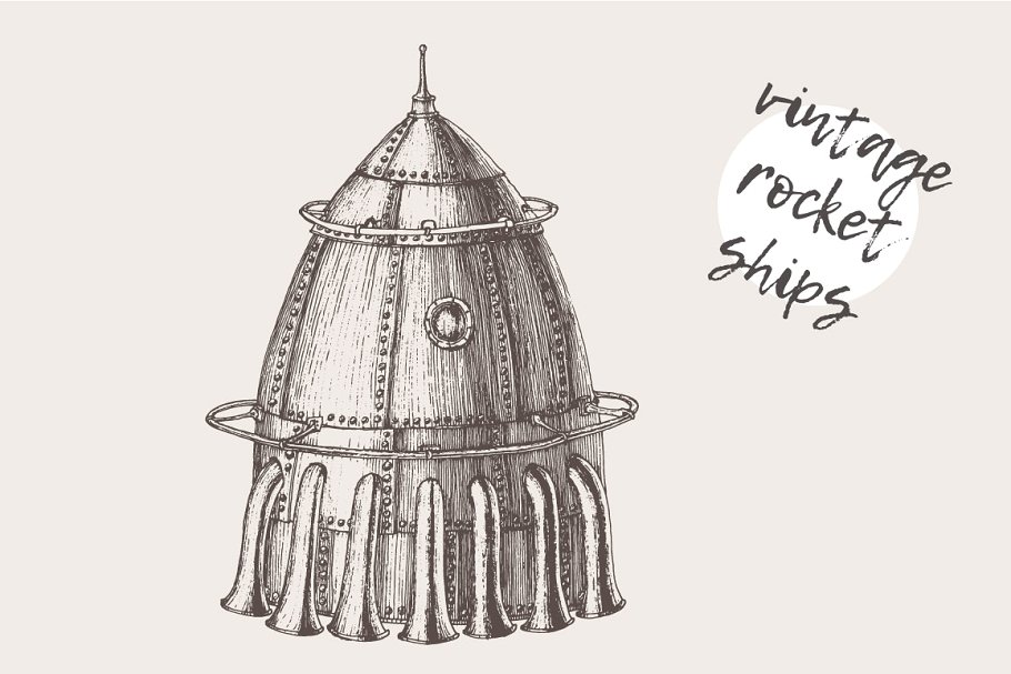 蒸汽朋克火箭船素描图形素材 Set of steam punk rocket ships插图