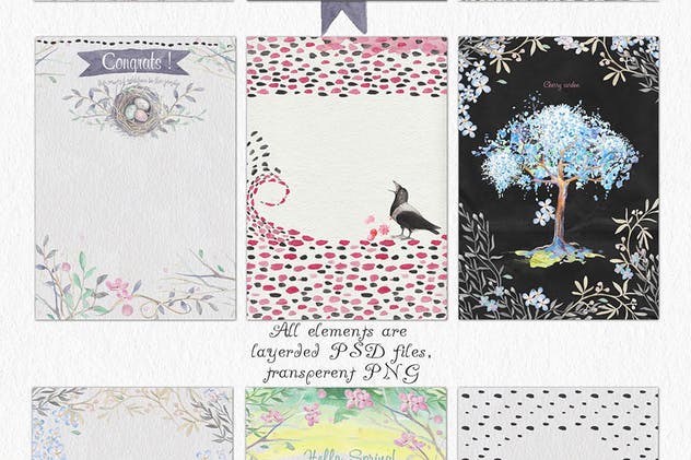 “春天与乌鸦”水彩插画元素合集 “Spring & crows” bundle插图(5)