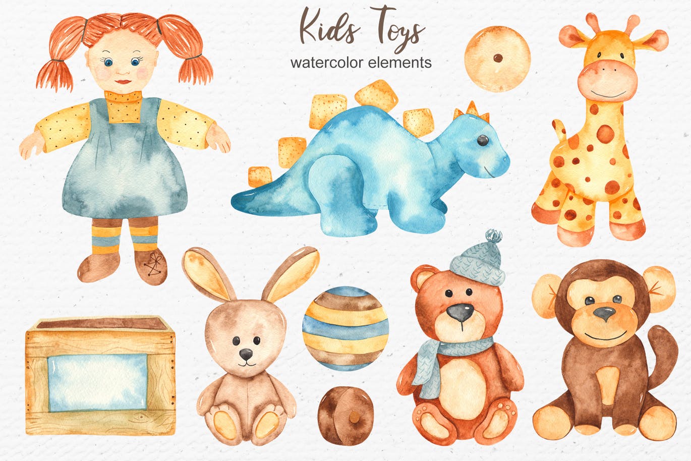 儿童玩具水彩画剪贴画/卡片/图案素材包 Watercolor kids toys. Clipart, cards, patterns插图(2)