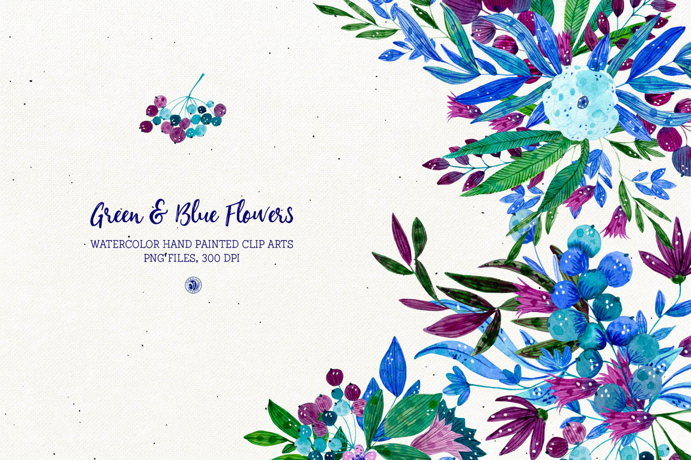 绿色&蓝色水彩手绘花卉剪贴画PNG素材 Green and Blue Flowers插图