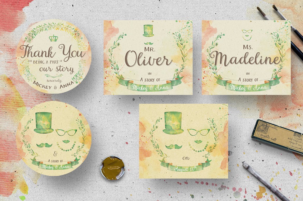 高品质的手绘水墨水彩风格婚礼植物邀请函设计模板插图(1)