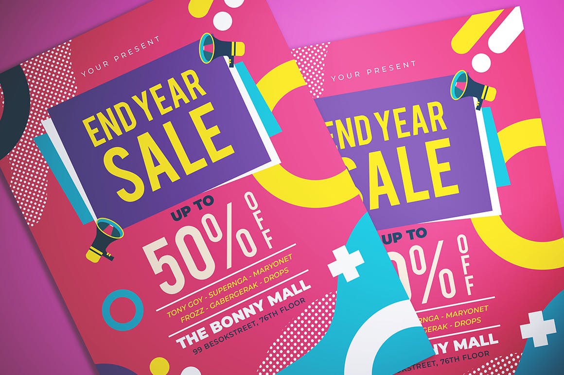 孟菲斯风格年终促销活动海报传单素材库精选PSD模板 Memphis End Year Sale Flyer插图(1)