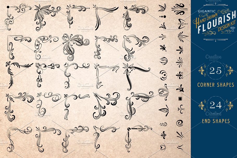 手绘花纹设计套件（400 +花卉设计元素） Hand Drawn Flourish Design Kit插图(2)