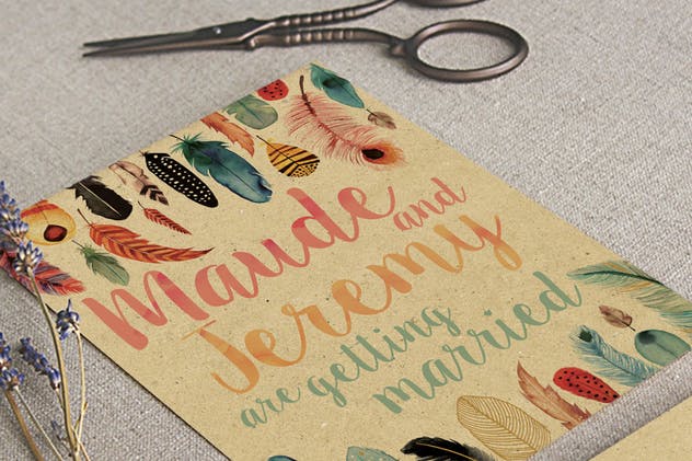 水彩羽毛婚礼邀请函设计PSD模板 Watercolor Feather Wedding Invitation插图(3)