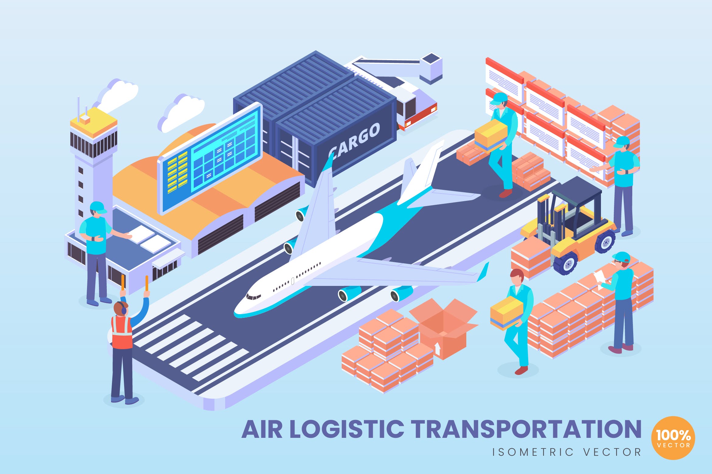 航空物流主题等距矢量科技素材库精选概念插画v1 Isometric Air Logistic Vector Concept插图