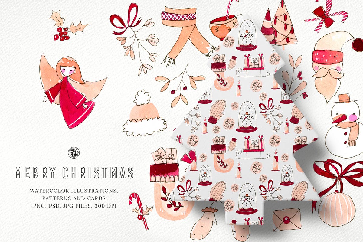圣诞快乐水彩插画套装 Merry Christmas Watercolor Set插图