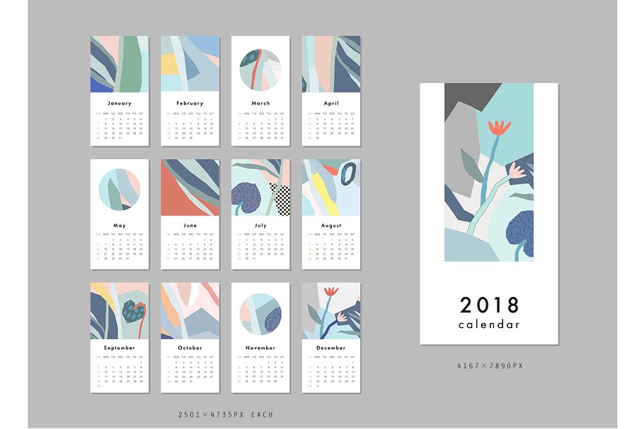 彩色涂鸦印象派日历年历模板 2018 CALENDARS set插图(2)