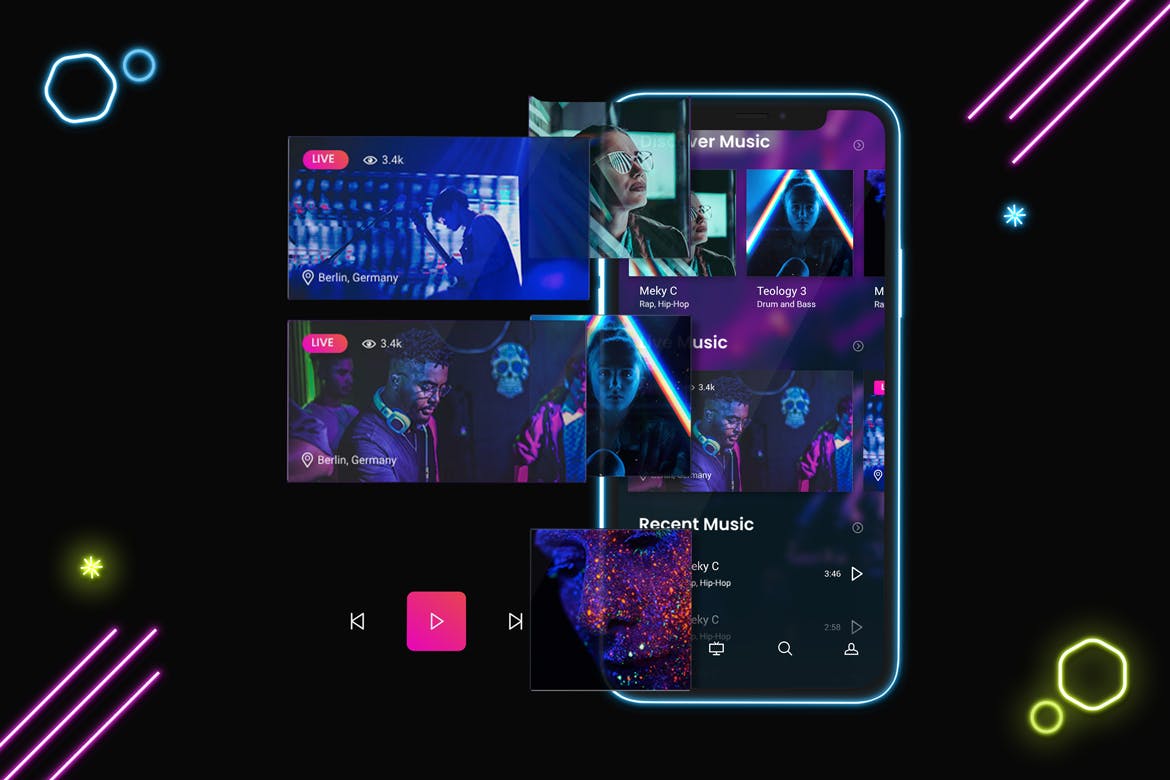 霓虹灯背景iPhone 11手机屏幕预览素材库精选样机模板v2 Neon iPhone 11 Mockup V.2插图(3)