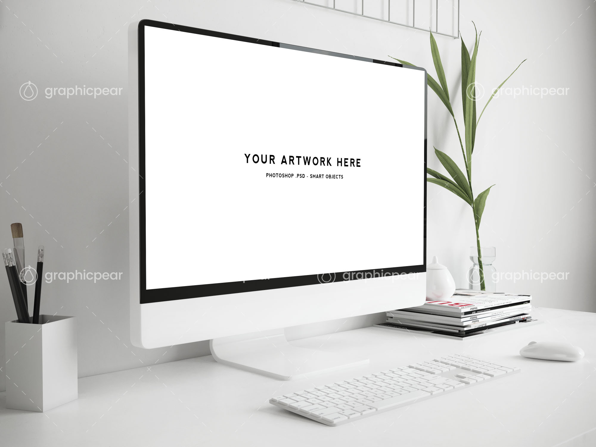 办公桌场景-iMac一体机屏幕演示样机模板 Workspace Scene Mockup – Mac Screen插图(2)