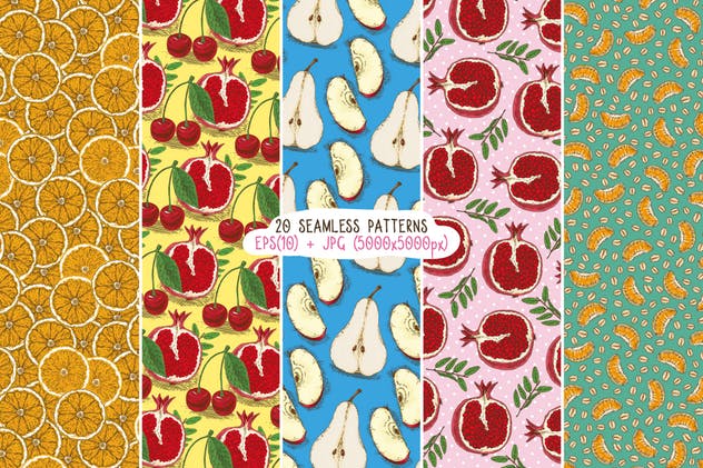 20款手绘水果图案无缝纹理第三波 Fruits Seamless Patterns Set插图(4)