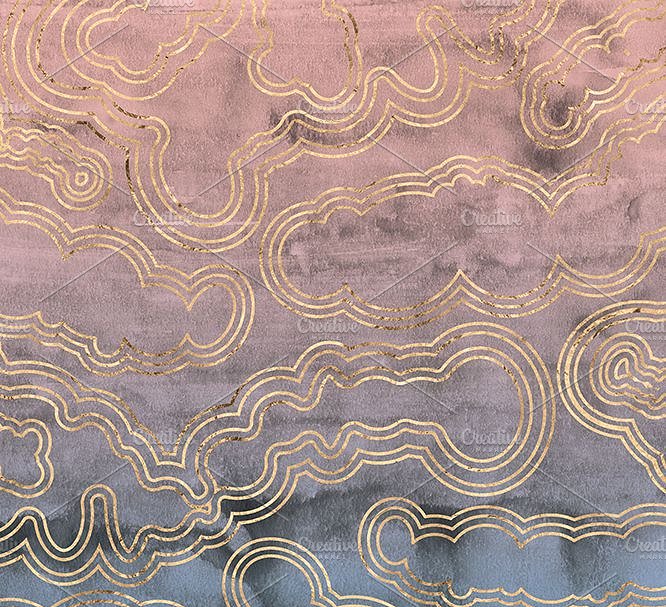 多彩柔和金箔大理石纹理 Rutilated Quartz Gold & Watercolor插图(1)