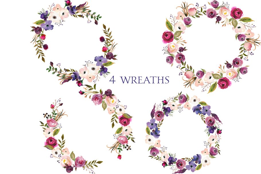 薰衣草色与蓝色水彩花卉剪贴画 Lavender & Blue Watercolor Flowers插图(2)