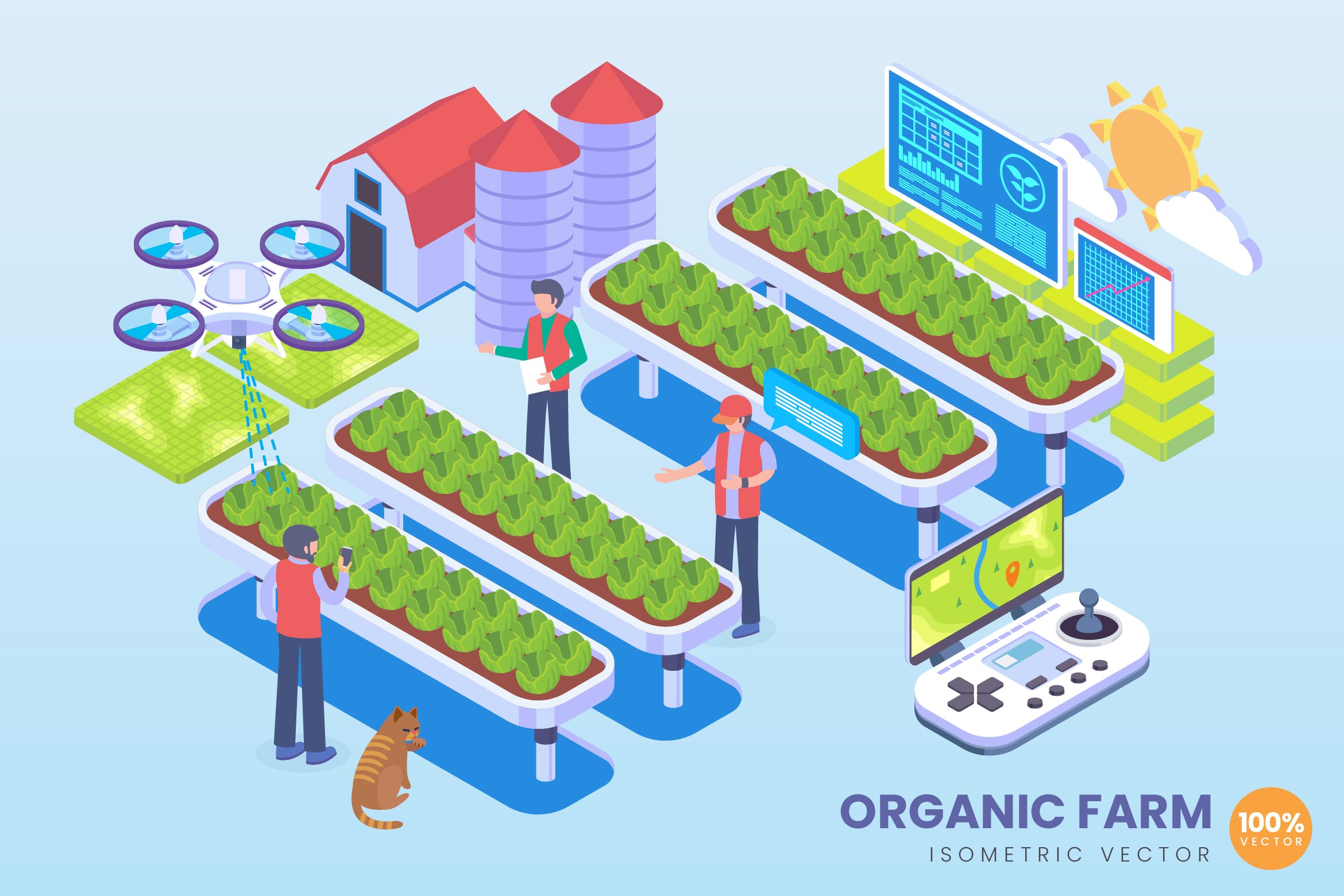 有机农场技术等距矢量素材库精选概念插画 Isometric Organic Farm Technology Vector Concept插图