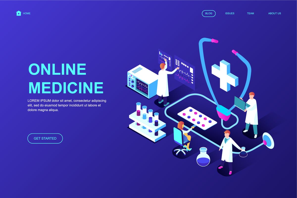 医疗行业等距概念插画网站着陆页设计模板 Medicine Isometric Landing Page Template插图