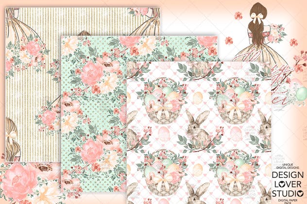 复活节快乐女孩水彩花卉剪贴画套装 Happy Easter Girl digital paper pack插图(3)