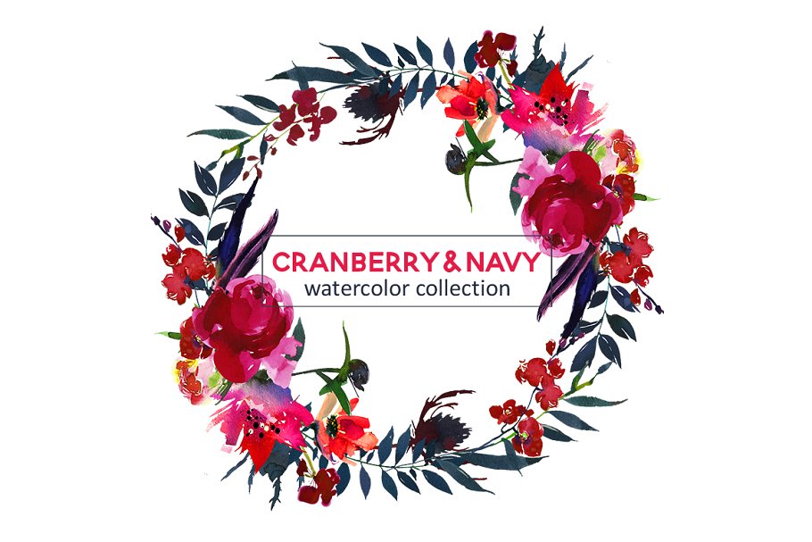 红色海军蓝波希米亚水彩花卉剪贴画 Red Navy Boho Watercolor Flowers插图(13)