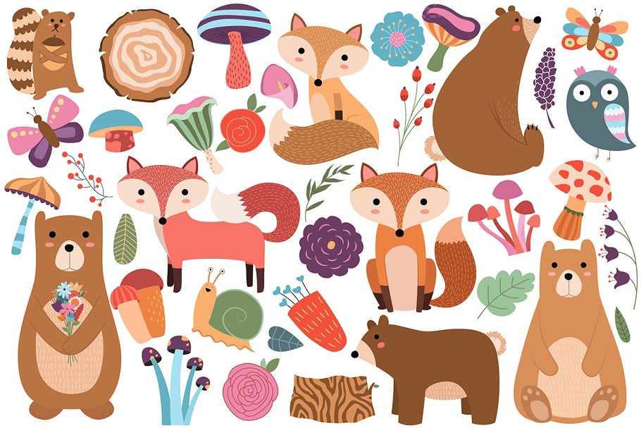 110个林地动物手绘动物插画剪贴画 110 pc Huge Woodland Clipart Set插图(3)