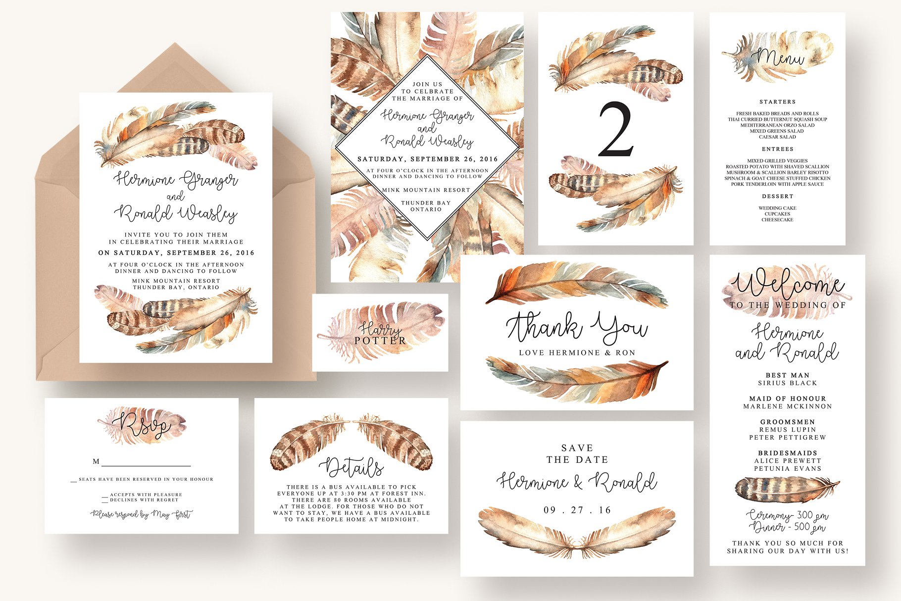 波希米亚风格羽毛插画婚礼邀请函设计套件 Boho Feather Invitation Suite插图