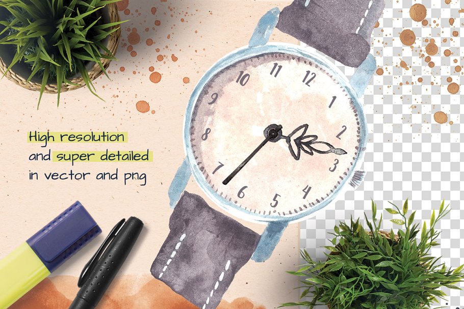 5款精心手绘水彩手表插画 5 watercolor watches插图(3)