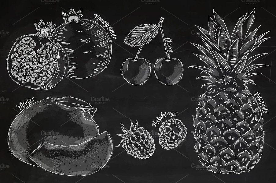 逼真手绘黑板粉笔剪贴画 Fruit chalk插图(3)