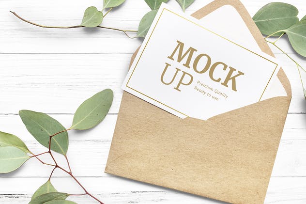 极简主义婚礼请柬/明信片/信封样机 Paper and Leaves Mockup插图(1)