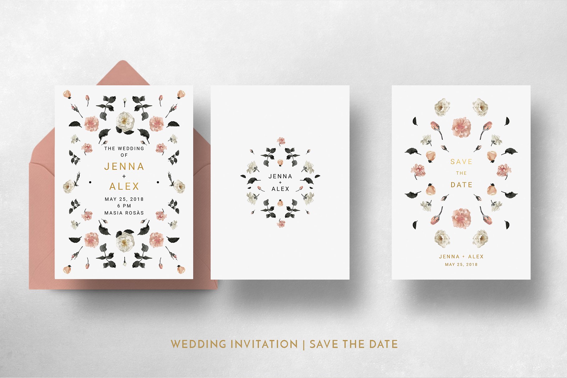 玫瑰金花卉婚礼邀请函设计套装 Rose Gold Wedding Invitation Suite插图(7)