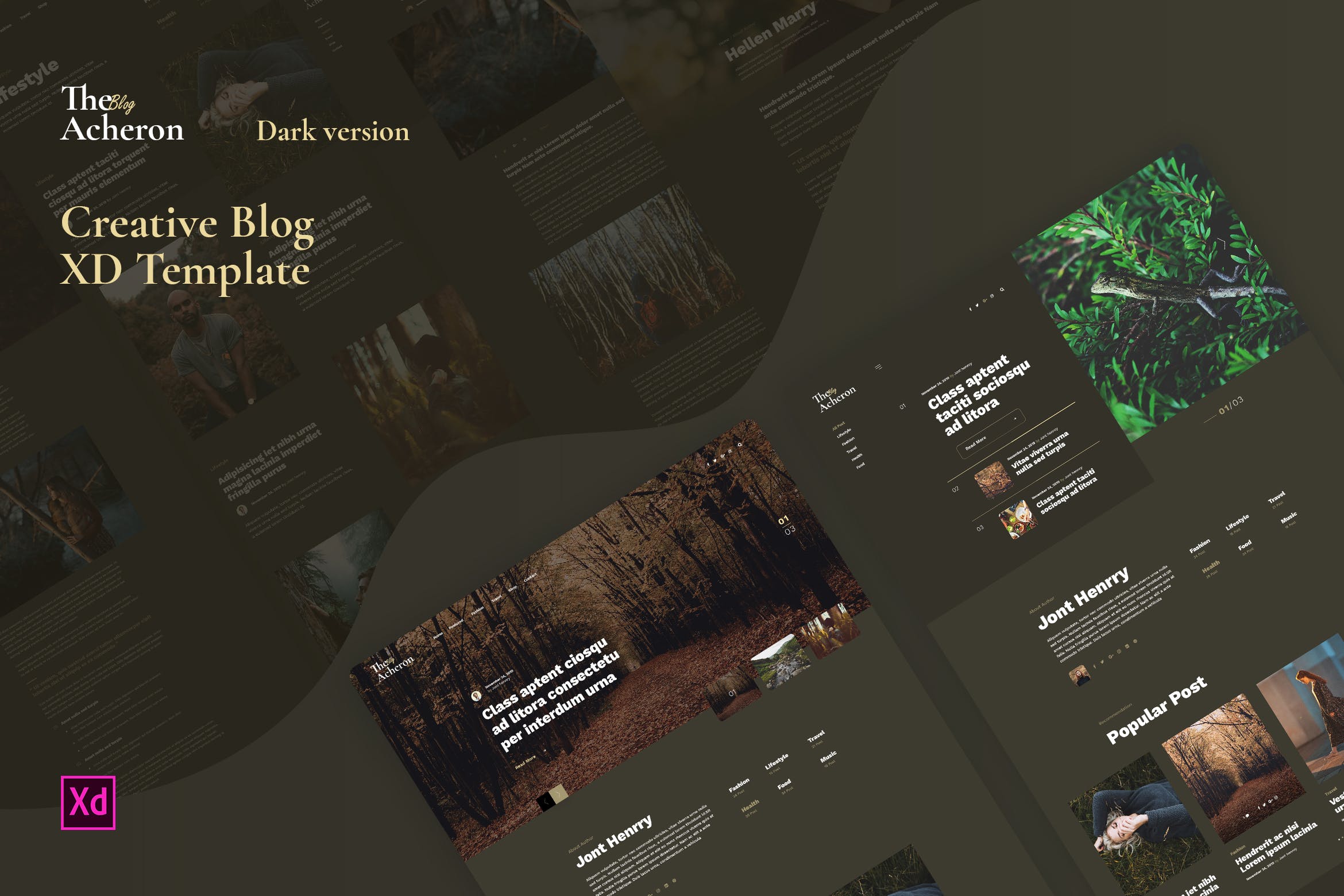 创意博客网站夜间模式界面设计XD模板 Acheron Dark – Creative Blog XD Template插图