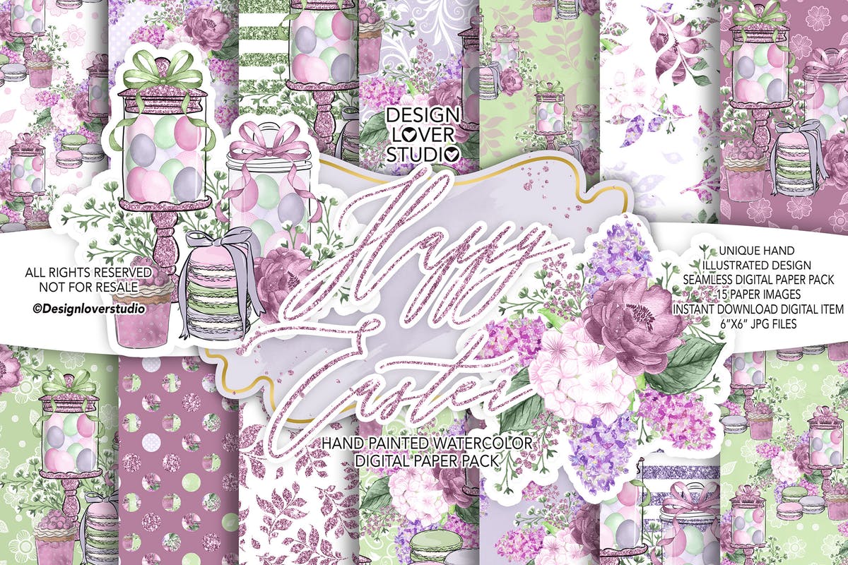 快乐复活节紫色水彩花卉剪贴画素材 Happy Easter digital paper pack插图