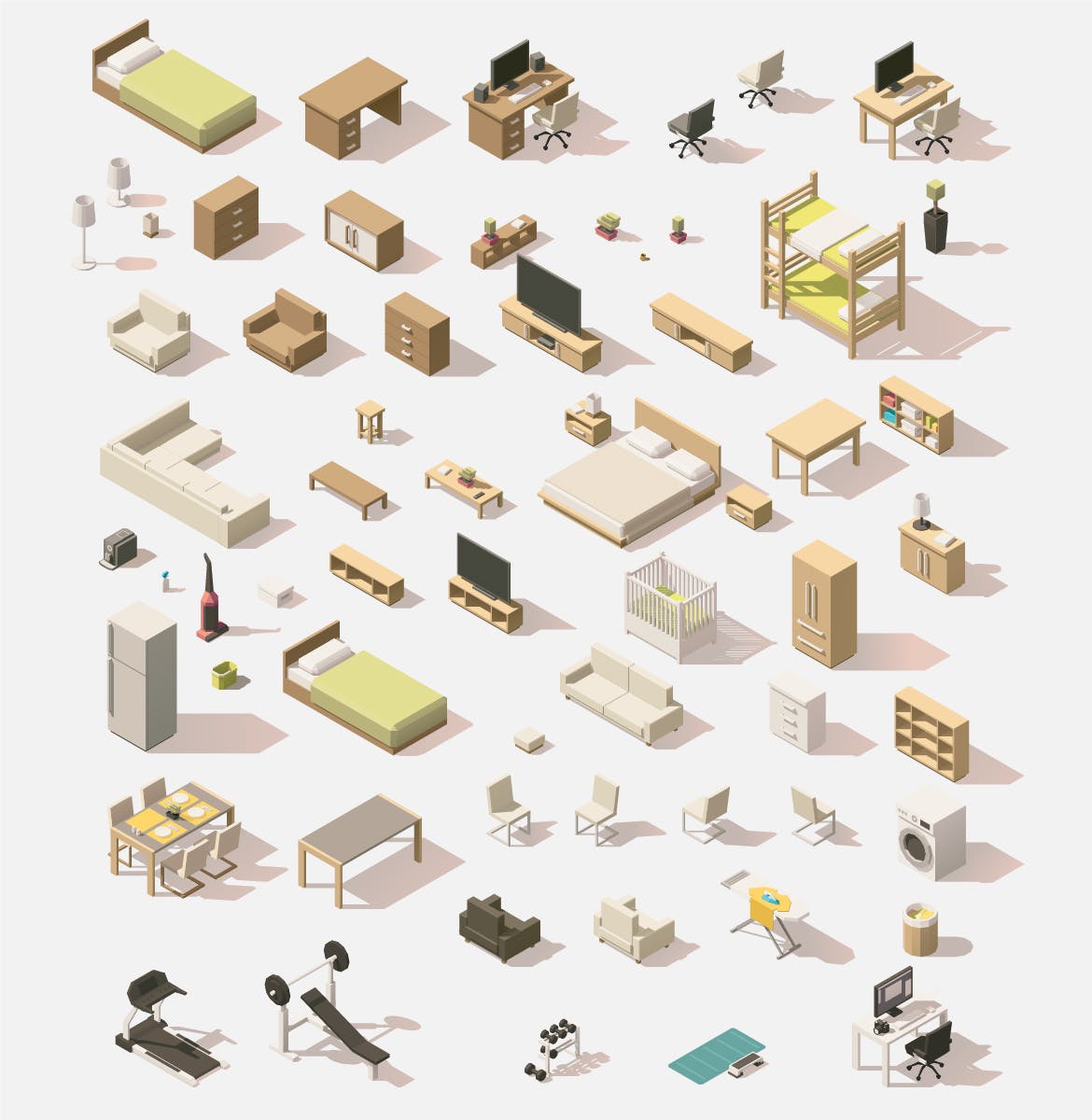 64个扁平设计风格家具等距场景插画素材 Furniture Isometric Flat Set插图(3)