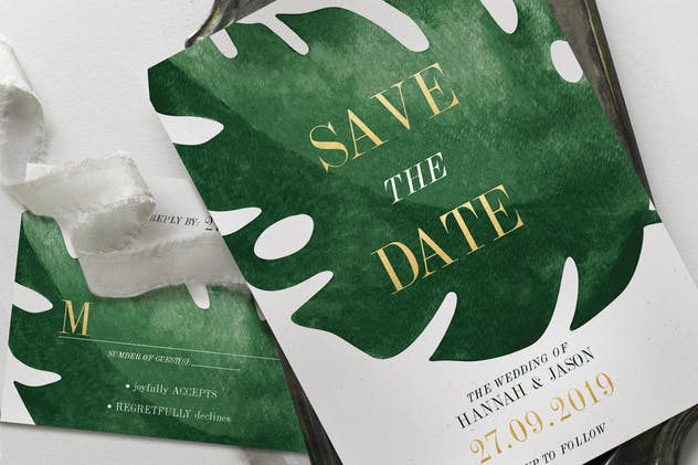优雅热带植物装饰婚礼邀请函设计模板套装 Elegant Tropical Wedding Suite插图(2)