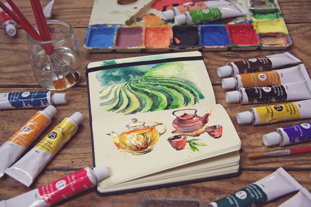 水彩画创作画室场景袖珍笔记本样机模板v3 Pocket Notebook View插图(1)