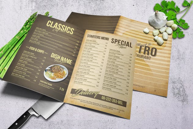 80年代复古西餐菜单PSD模板 80s Retro Menu Bundle US Letter & A4插图(1)