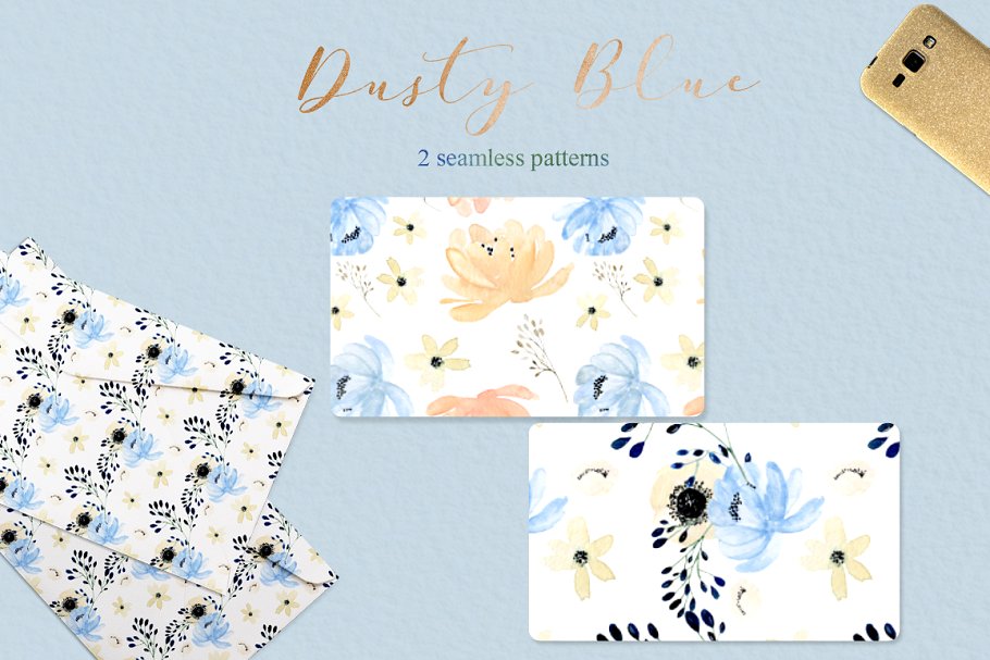 灰蓝色&金色水彩花卉图案 Dusty blue gold. Watercolor floral插图(8)