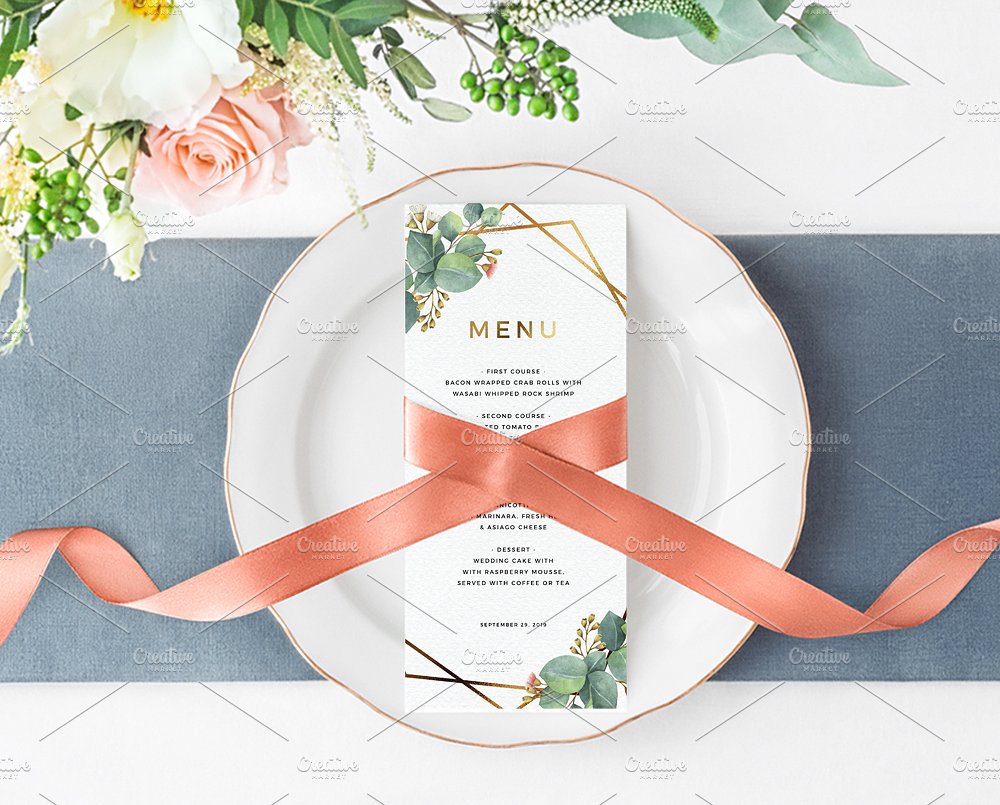 黄金比例设计婚礼邀请物料设计模板 Eucalyptus Gold Geometric Frame插图(4)