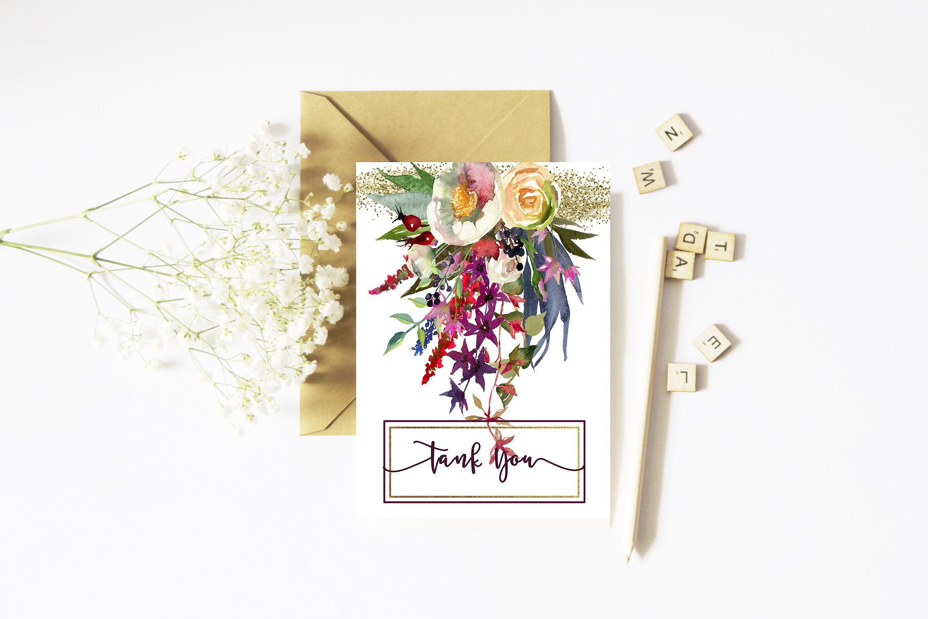 勃艮第白色水彩花卉插画 Burgundy White Watercolor Flowers插图(11)