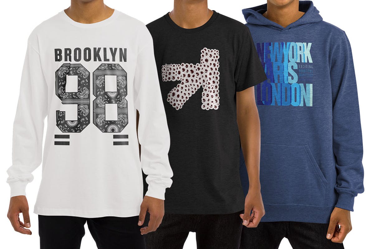 时尚印花T恤/长袖/运动连帽衫服装样机 T-Shirt Longsleeve Sweatshirt Hoodie Mockup插图