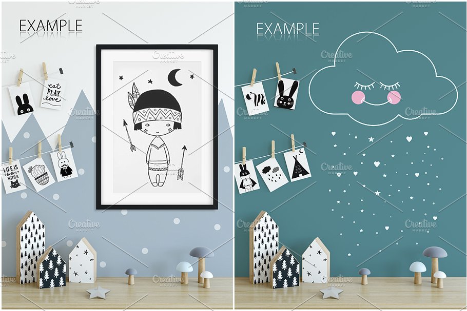 儿童卧室书房墙纸&相框样机 KIDS Interior WALL & FRAMES Mockup 3插图(32)